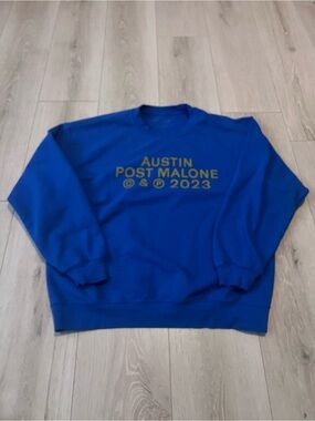 Blue Graphic Crewneck Sweatshirt with Gold Text